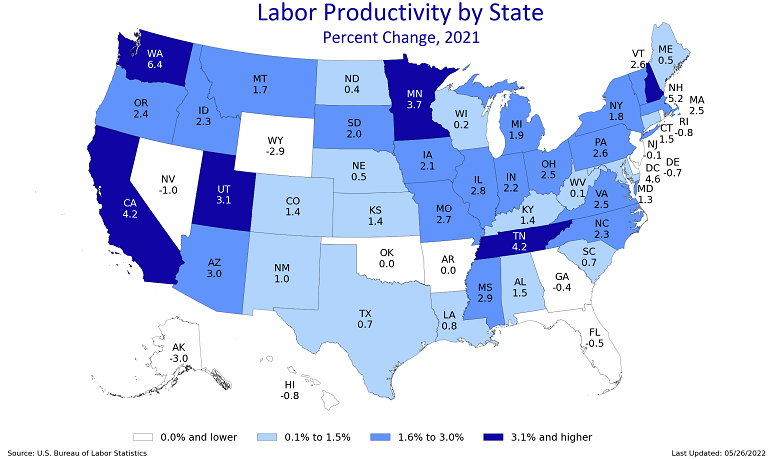 State map of labor productivity, 1-year percent change