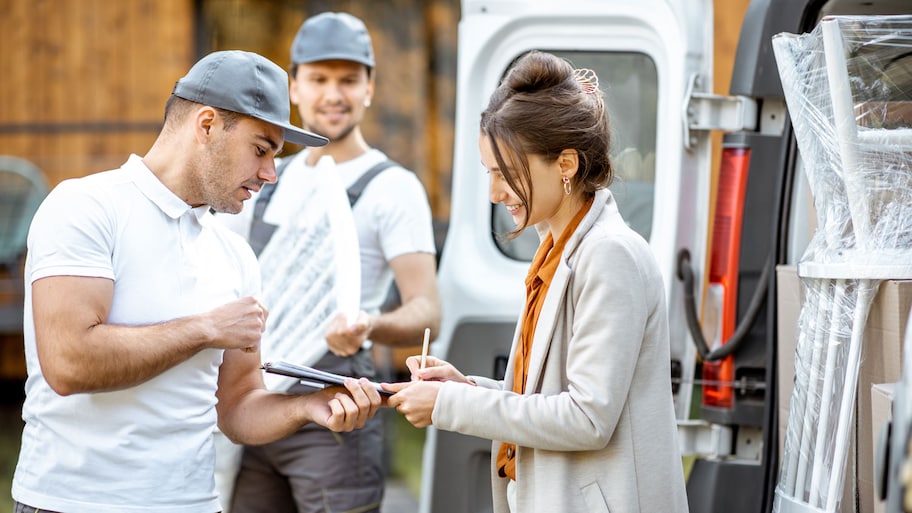 A homeowner signing a contract with a moving company