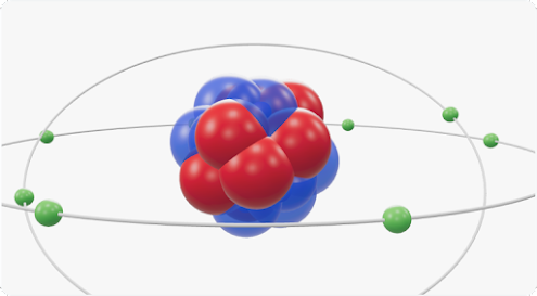 A purple and red 3D cluster of atoms sits in the middle of two grey rings with green spheres moving around them.