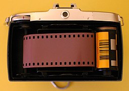 Redscale film loaded in a 35mm camera