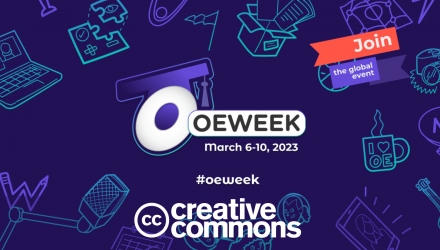 An illustration with doodles of a laptop, puzzle, microphone, mug with steam, a box with papers coming out of it, and text that says "Join the global event, OEWEEK March 6-10, 2023 #oeweek and Creative Commons logo‎."