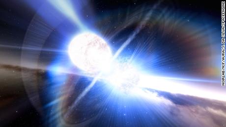 This artist&#39;s impression shows a kilonova produced by two colliding neutron stars. While studying the aftermath of a long gamma-ray burst (GRB), two independent teams of astronomers using a host of telescopes in space and on Earth, including the Gemini North telescope on Hawai&#39;i and the Gemini South telescope in Chile, have uncovered the unexpected hallmarks of a kilonova, the colossal explosion triggered by colliding neutron stars.