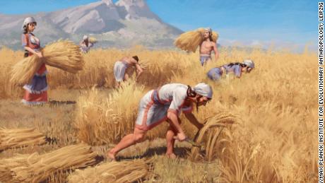 Bronze Age family harvesting grain, as depicted by artist Nikola Nevenov.