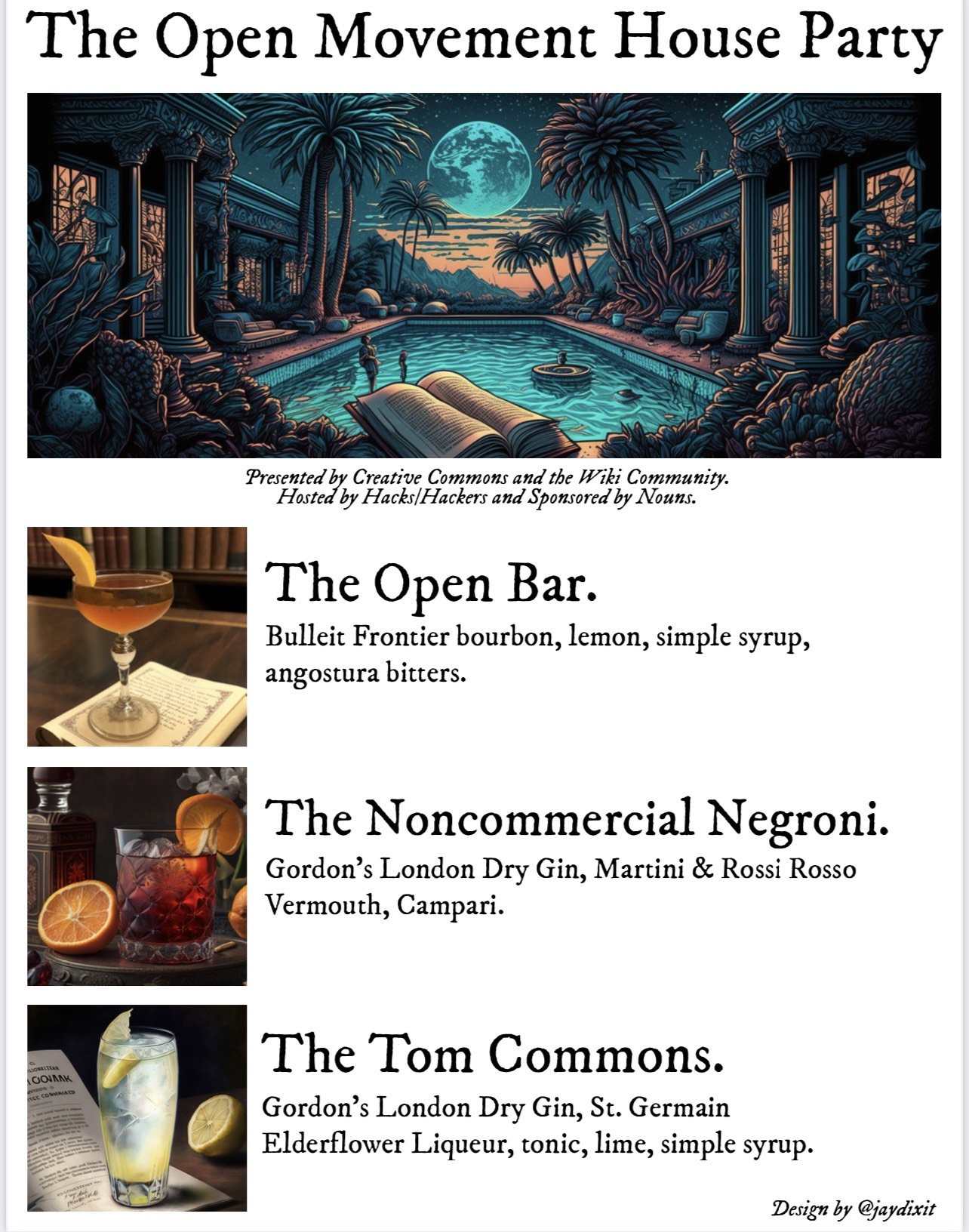 Drink menu for The Open Movement House Party decorated with an illustratration showing a courtyard pool lit by an aquamarine moon, listing the drinks: The Open Bar, The Noncommercial Negroni and the Tom Commons.