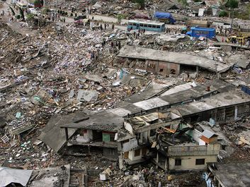 In this aerial photo, structures are damaged and destroyed October 15, 2005 in Balakot, Pakistan. It is estimated that 90% of the city of Balakot was leveled by the earthquake. The death toll in the 7.6 magnitude earthquake that struck northern Pakistan on October 8, 2005 is believed to be 38,000 with at least 1,300 more dead in Indian Kashmir. SEE CONTENT NOTES.