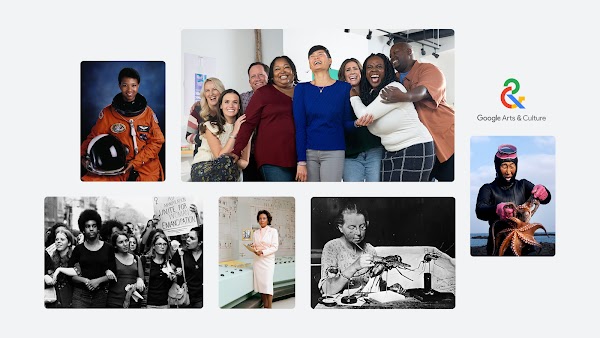 A collage featuring: A Black woman astronaut posing for a portrait. A group of 8 people laughing and embracing each other. An Asian woman diver wearing pink gloves, holding up an orange octopus. A woman scientist painting an insect model. A Black woman mathematician and computer scientist standing in front of a NASA control panel. A crowd of women walking with their arms linked, chanting, and carrying signs at a women’s rights rally.