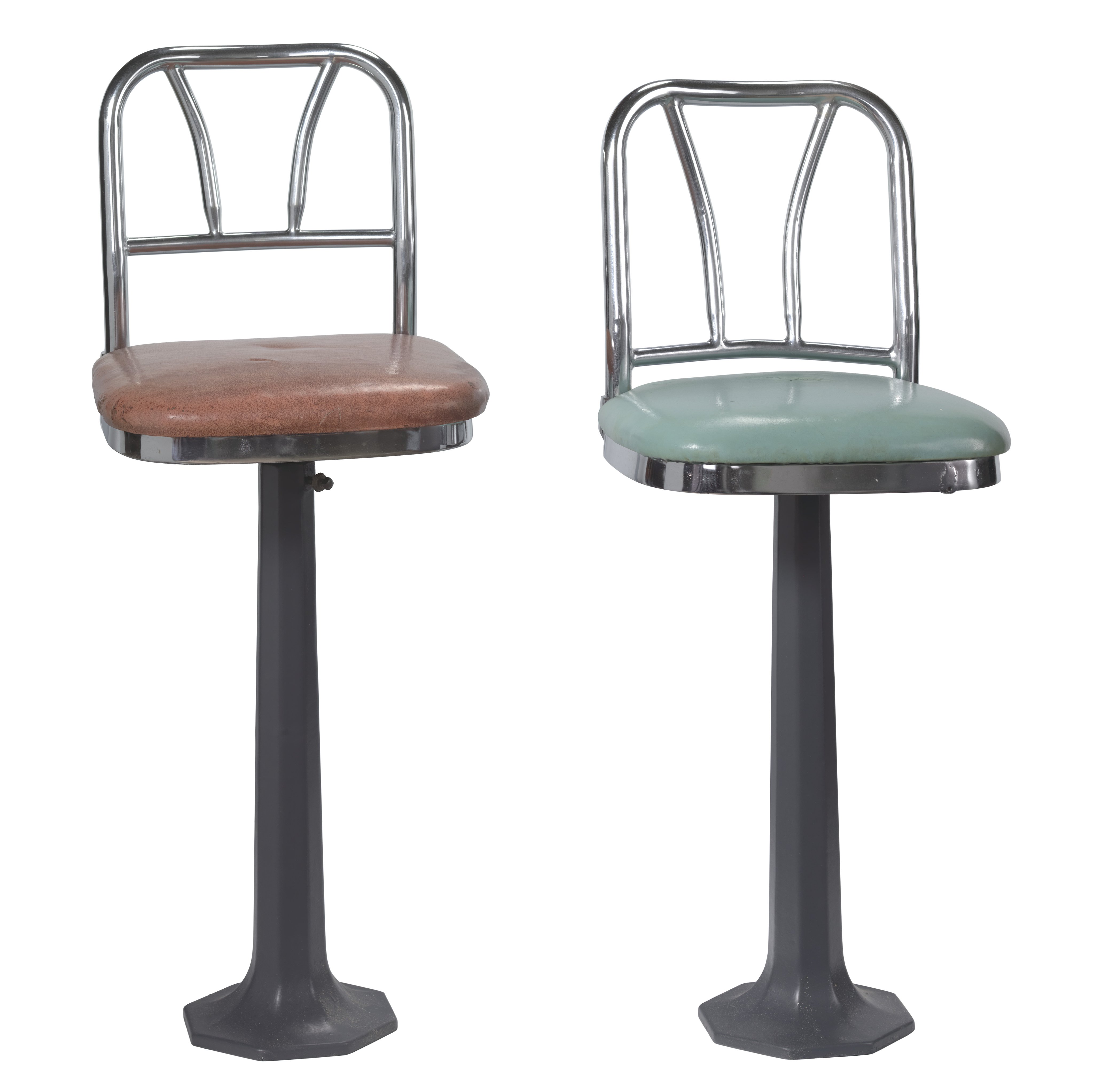 Two stools with metal backs. One has a red set and one has a blue seat.