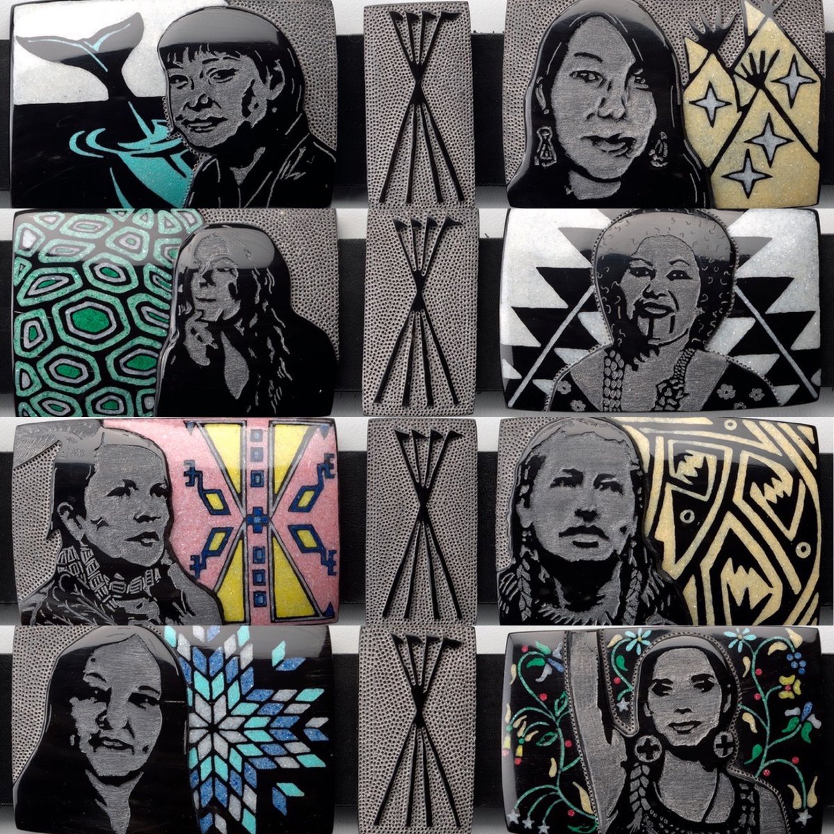 A stacked collage combining horizontal photos of four segments of a buffalo horn belt depicting the likenesses of eight Indigenous women with a tipi frame design between each likeness.