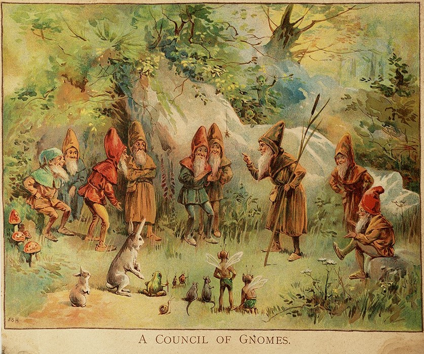 Illustration of a group of gnomes, fairies, mice, rabbits and a frog in a woodland scene