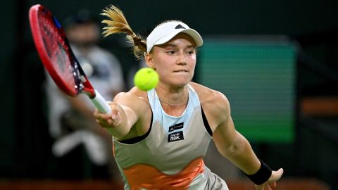 Mar 17, 2023; Indian Wells, CA, USA; Elena Rybakina (KAZ) hits a shot as she defeated Iga Swiatek (POL) in the semi finals of the BNP Paribas Open at the Indian Wells Tennis Garden. 