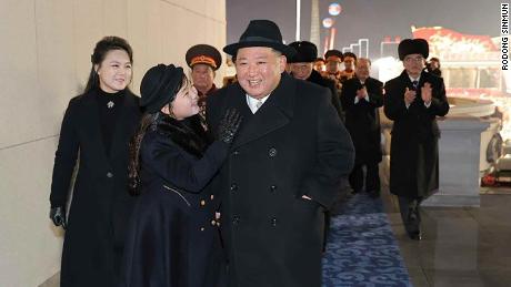 Kim Jong Un and his daughter attend a military parade showing the latest weapons, on February 08, 2023. 