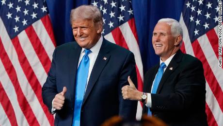 CHARLOTTE, NORTH CAROLINA - AUGUST 24:  President Donald Trump and Vice President Mike Pence give a thumbs up after speaking on the first day of the Republican National Convention at the Charlotte Convention Center on August 24, 2020 in Charlotte, North Carolina. The four-day event is themed &quot;Honoring the Great American Story.&quot; (Photo by Chris Carlson-Pool/Getty Images)