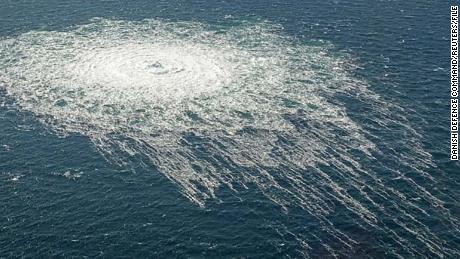 Gas bubbles from the Nord Stream 2 leak reach the surface of the Baltic Sea near Bornholm, Denmark on September 27, 2022.  
