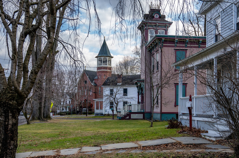 Historic buildings line the streets in the village of Coxsackie.