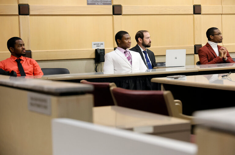 From left: Dedrick Williams, Trayvon Newsome and Michael Boatwright (far right) in a Florida courtroom. On Monday, a jury convicted all three men of first-degree murder for the killing of XXXTentacion.