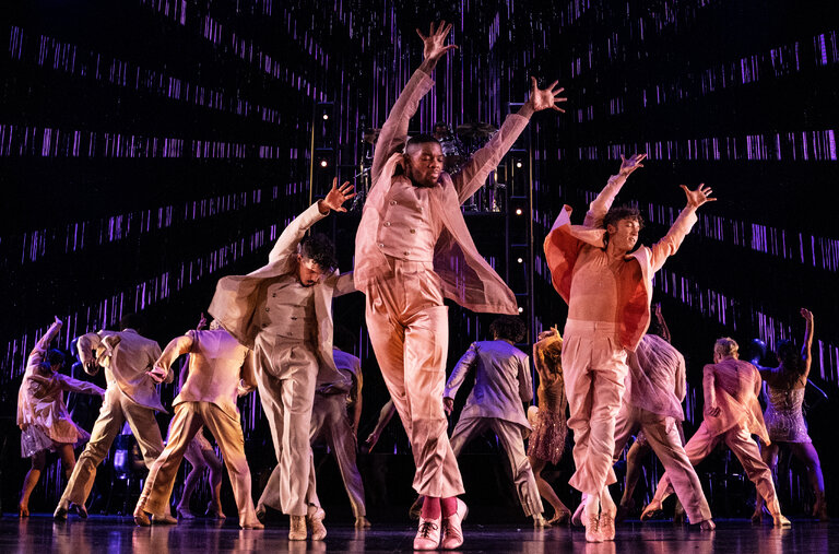 Jōvan Dansberry, center, and other ensemble members in “Bob Fosse’s Dancin’” at the Music Box Theater in Manhattan.