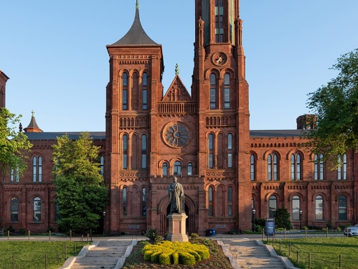 Joseph Henry statue in front of the north door of the Smithsonian Castle
