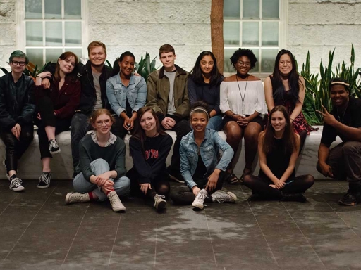 fun teen group photo in the Kogod Courtyard