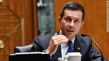 US Transportation Secretary Pete Buttigieg testifies at a Senate Subcommittee on Transportation, Housing and Urban Development, and Related Agencies hearing on the 2023 budget for the Department of Transportation, in Washington DC, on April 28, 2022. (Photo by Nicholas Kamm / AFP) (Photo by NICHOLAS KAMM/AFP via Getty Images)