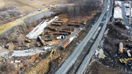 A general view of the site of the derailment of a train carrying hazardous waste in East Palestine, Ohio, U.S., February 23, 2023. REUTERS/Alan Freed     TPX IMAGES OF THE DAY     