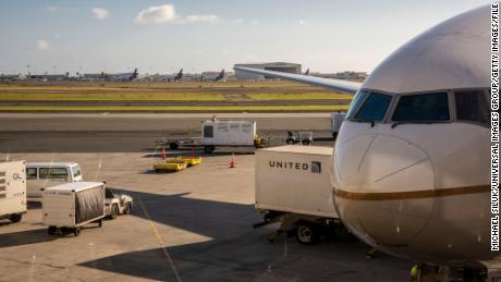 This January 2018 photo shows a United airplane fueling up at Daniel K. Inouye International Airport in Honolulu, Hawaii. 