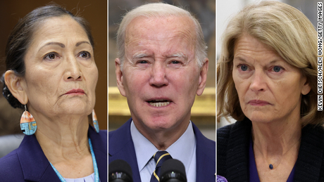 U.S. Interior Secretary Deb Haaland, U.S. President Joe Biden, and U.S. Sen. Lisa Murkowski (R-AK)