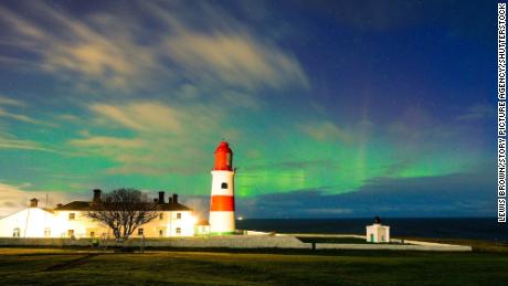 Mandatory Credit: Photo by Story Picture Agency/Shutterstock (13786371a)
The Northern Lights, Aurora Borealis, are seen in the late hours of Monday evening above Souter lighthouse in South Shields. The two day spectacle was seen as far south as Cornwall however it was cloudy for most last night. 
Credit: Lewis Brown / Story Picture Agency
Northern Lights for second night in a row, South Shields, UK - 27 Feb 2023