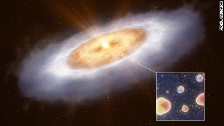 This artist&#39;s impression shows the planet-forming disc around the star V883 Orionis. In the outermost part of the disc water is frozen out as ice and therefore can&#39;t be easily detected. An outburst of energy from the star heats the inner disc to a temperature where water is gaseous, enabling astronomers to detect it. The inset image shows the two kinds of water molecules studied in this disc: normal water, with one oxygen atom and two hydrogen atoms, and a heavier version where one hydrogen atom is replaced with deuterium, a heavy isotope of hydrogen.