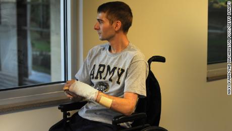 SLUG: PH-WOUNDED 10/30/2009 CREDIT: NIKKI KAHN/THE WASHINGTON POST  WASHINGTON DC  U. S. Army First Lieutenant Dan Berschinski, 25, of Peach Tree City, Georgia, is photographed at Walter Reed Army Hospital in Washington, D.C., on Friday, October 30, 2009. Berschinski was injured in Afghanistan and lost both of his legs after stepping on an IED in August.  (Photo by Nikki Kahn/The The Washington Post via Getty Images)