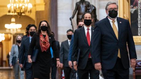 House impeachment managers, lead by Congressman Jamie Raskin, Lead Manager, proceed through the Capitol Rotunda from the House side of the U.S. Capitol to the U.S. Senate chamber as the second impeachment trial of former U.S. President Donald Trump begins February 9, 2021 in Washington, DC. 