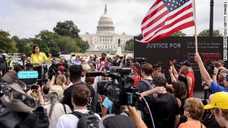 WASHINGTON, DC - SEPTEMBER 18: Supporters of those charged in the January 6 attack on the U.S. Capitol attend the &#39;Justice for J6&#39; rally near the U.S. Capitol September 18, 2021 in Washington, DC. The protestors gathered in Washington, DC on Saturday to support over 600 people arrested and charged in connection with the January 6 attempted insurrection at the U.S. Capitol. (Photo by Tasos Katopodis/Getty Images)