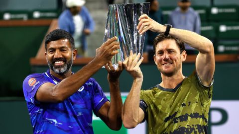 Rohan Bopanna (left) and Matthew Ebden (right) celebrate winning the BNP Paribas Open.