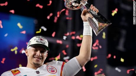 Kansas City Chiefs quarterback Patrick Mahomes holds the Vince Lombardi Trophy after the NFL Super Bowl 57 football game against the Philadelphia Eagles, Sunday, Feb. 12, 2023, in Glendale, Ariz. The Kansas City Chiefs defeated the Philadelphia Eagles 38-35. (AP Photo/Brynn Anderson)