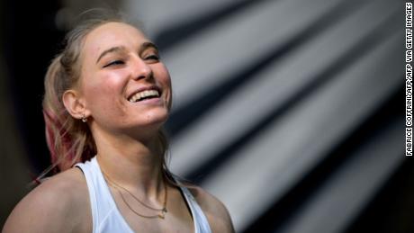 Slovenia&#39;s Janja Garnbret reacts during the women&#39;s semi-final in the season-opening Sport Climbing IFSC World Cup bouldering event in Meiringen, on April 17, 2021. (Photo by Fabrice COFFRINI / AFP) (Photo by FABRICE COFFRINI/AFP via Getty Images)