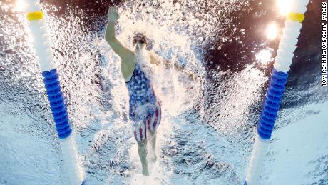 OMAHA, NEBRASKA - JUNE 14: Katie Ledecky of the United States competes in the Women&#39;s 400m freestyle final during Day Two of the 2021 U.S. Olympic Team Swimming Trials at CHI Health Center on June 14, 2021 in Omaha, Nebraska. (Photo by Tom Pennington/Getty Images)