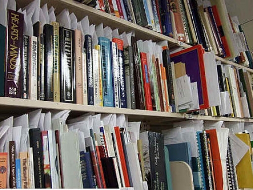 shelves with publications