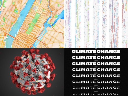 Six images in a grid format: a map of NYC, a model of a coronavirus, planetary illustration, woman in hijab emoji, and type