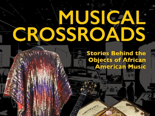 Book cover with images of clothing and musical instruments and text "Musical Crossroads"