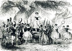 Drawing of a crowd of costumed dancers dancing around a stage beneath a large tree. Atop the stage is a lone female dancer.