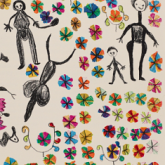 Photo of a page of an artists book depicting a stylized drawing of people, animals, and flowers.