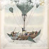 Hull of a wooden ship being carried by one large balloon and many smaller balloons filled with people on the deck and dressed in 19th formal clothing.