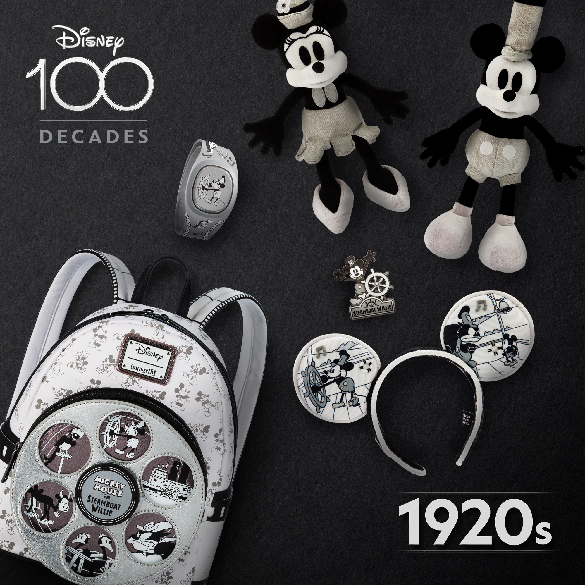 Graphic that reads Disney 100 | Decades. Bottom says 1920s. Graphic features Plush, MagicBand+, Ear Headband, Loungefly Mini Backpack, and Pin. 