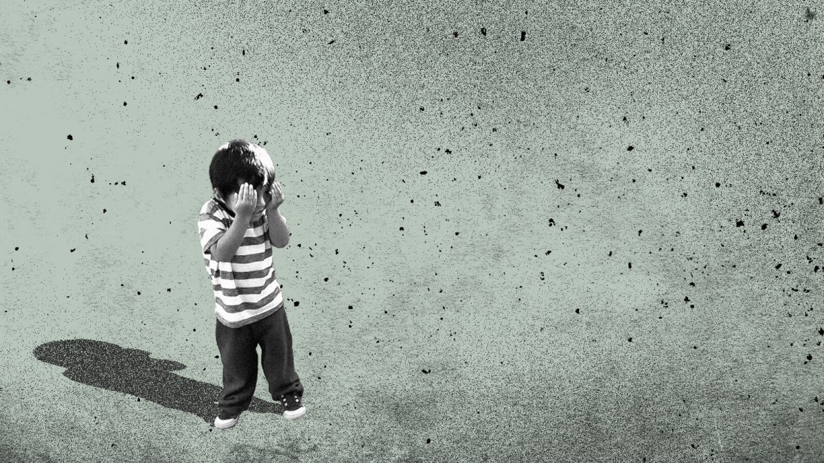 A stylized collage showing a black and white photo of a toddler covering his eyes with his hands as if playing against a solid, speckled background in gray-green