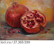 Ripe pomegranates on the golden background, oil painting. Стоковая иллюстрация, иллюстратор Aleksandra Serova / Фотобанк Лори