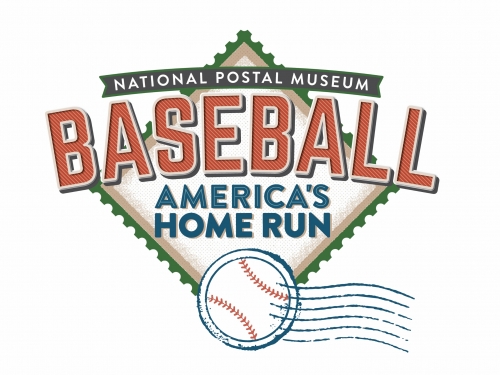 Illustration of postage stamp and baseball with text: "National Postal Museum. Baseball: Americas Home Run"