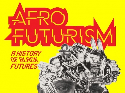 Illustration with text "Afrofuturism A History of Black Futures"