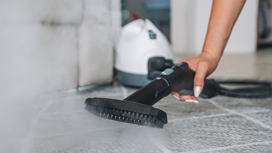 woman cleaning carpet with handheld cleaner   