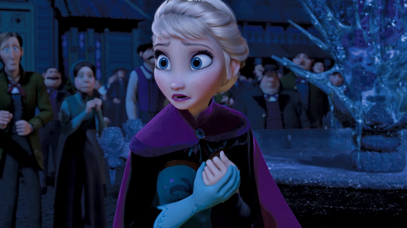 Elsa (voiced by Idina Menzel) in her crown, looking around at the town after using her powers, in Frozen