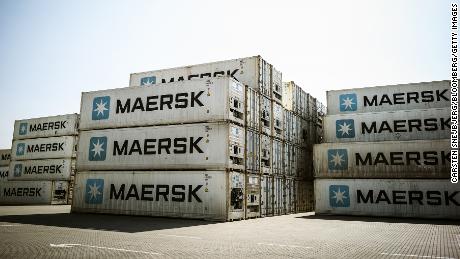 The Maersk logo on shipping containers stored at the A.P. Moller Maersk A/S terminal in the harbor town of Kalundborg, Denmark, on Wednesday, April 27, 2022. 