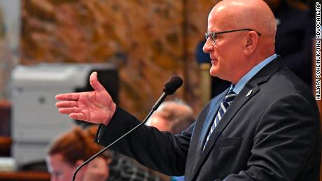 Rep. Danny McCormick, R-Oil City, speaks on his bill, HB813, concerning abortion during legislative session, Thursday, May 12, 2022, in the House Chambers of the Louisiana State Capitol in Baton Rouge, La. (Hillary Scheinuk/The Advocate via AP)